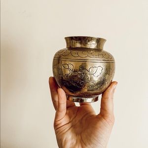 Etched brass vase
